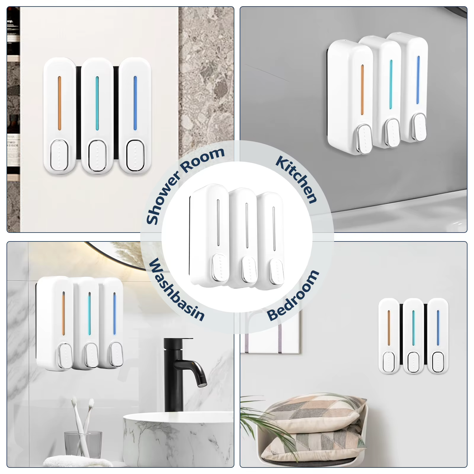 Distributeur de savon mural à 3 chambres, distributeur de shampoing et de Gel douche, conteneur de détergent, accessoires de salle de bains pour hôtel familial