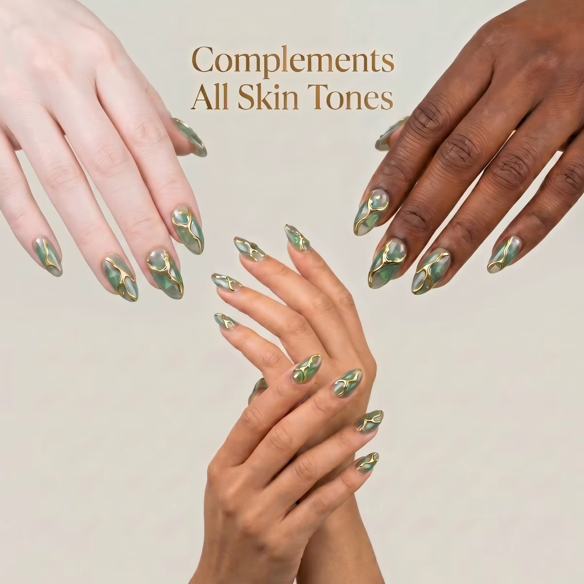 Faux Ongles Press-On Faits Main Amande Vert Émeraude Jade avec Veines Dorées 3D