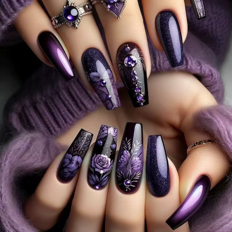 Fleur violette presse sur ongles 24 pièces amande/café portable faux