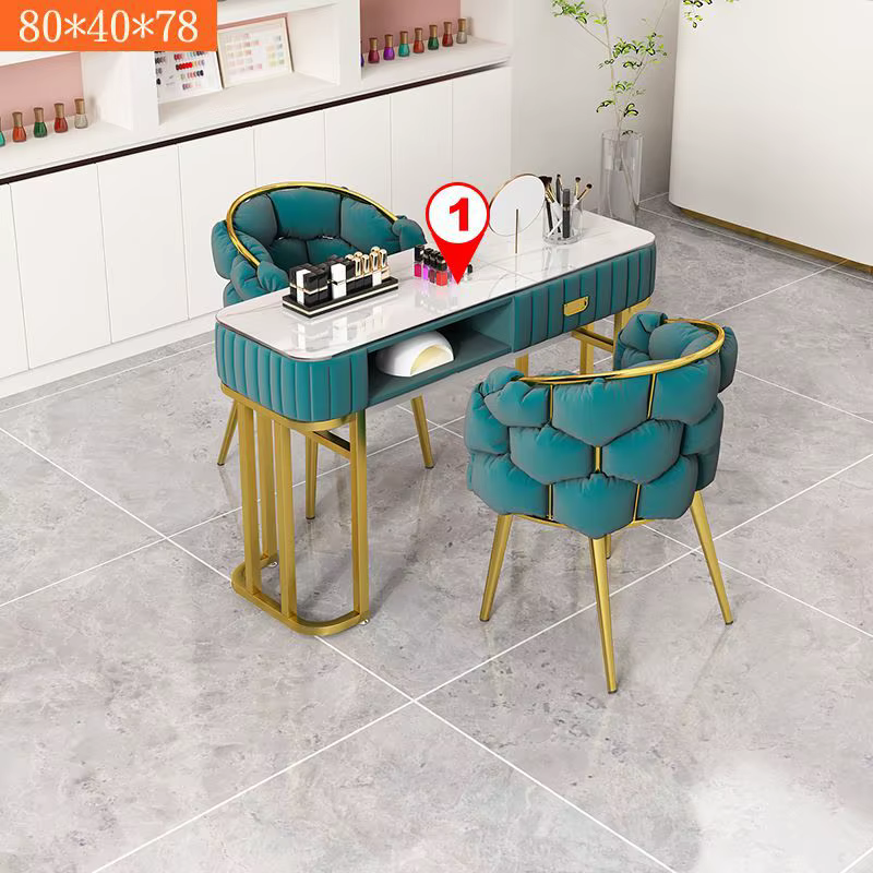 Table de manucure en marbre, poste de travail à ongles multi-niveaux en bois, bureau à ongles portable vert de luxe léger, mobilier de salon de beauté
