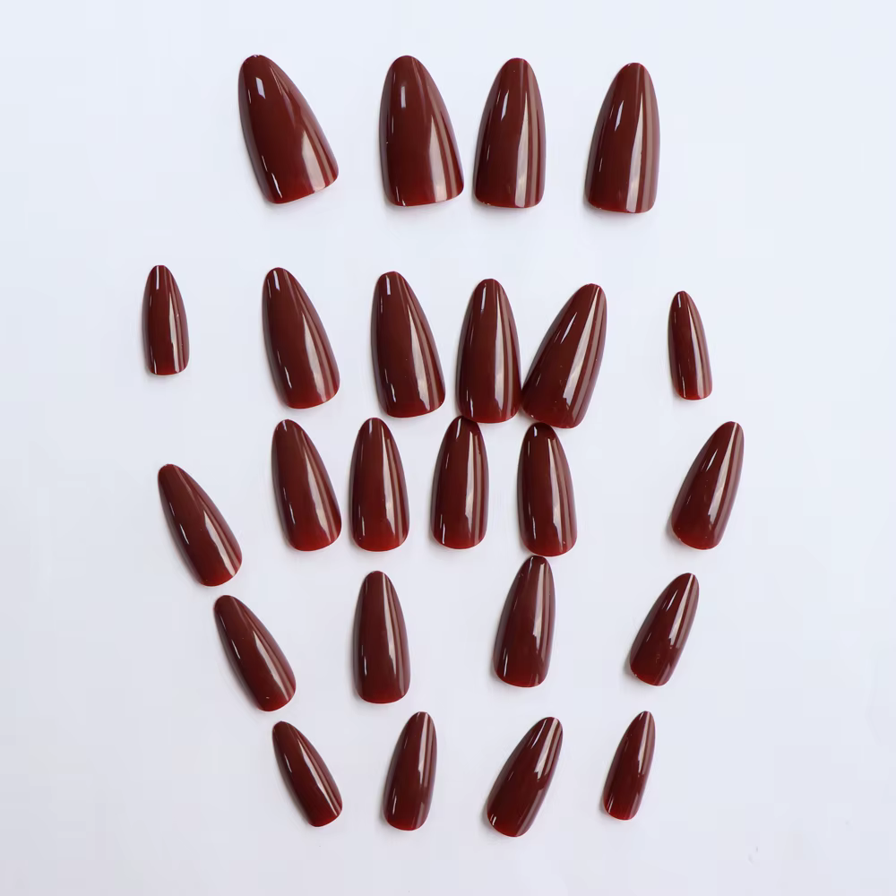 24 pièces/ensemble Simple vin rouge faux ongles mi-longue amande presse