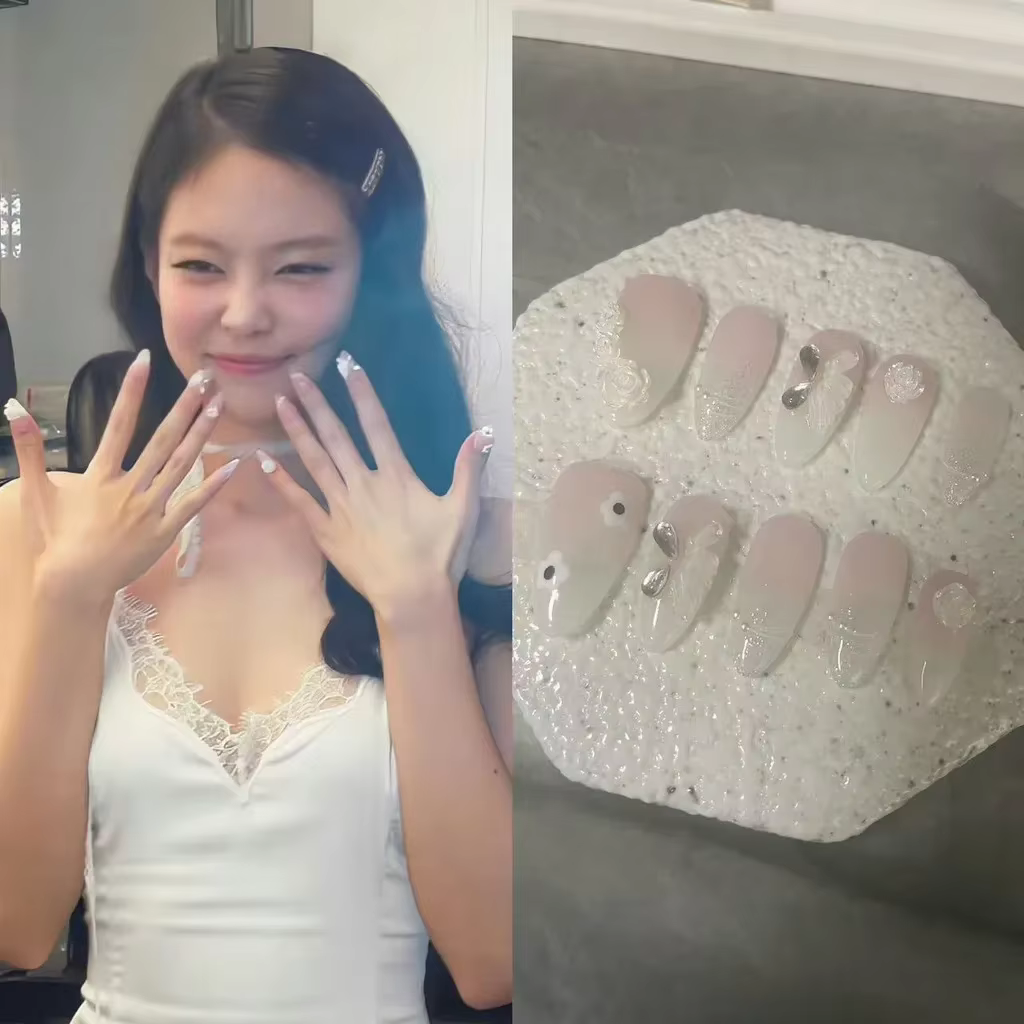 Jennie Style Butterfly Camellia Handmade Amond Press on Nails Korean Sexy Mignon Nail Art Perlé Fleur Paillette De Glitter Faux