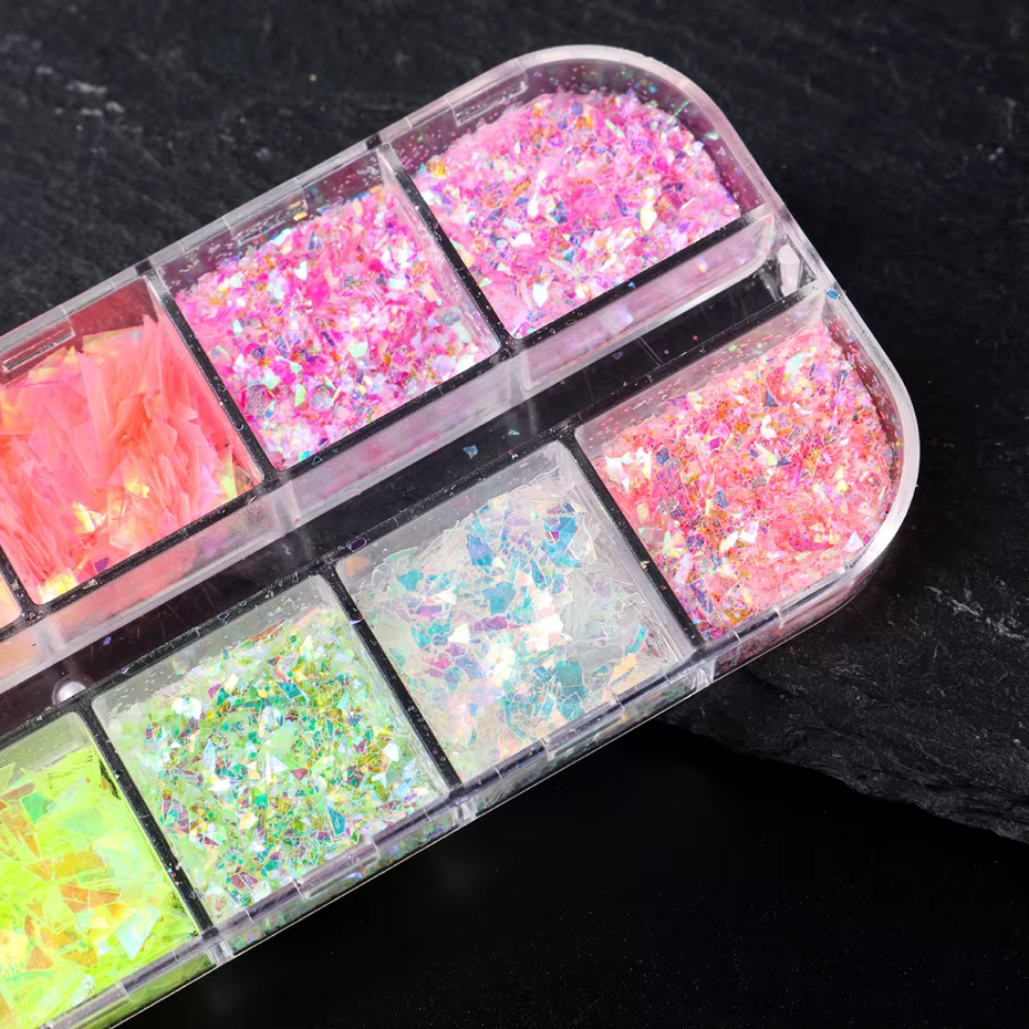12 grilles Aurora caméléon ongles paillettes flocons irréguliers cristal verre