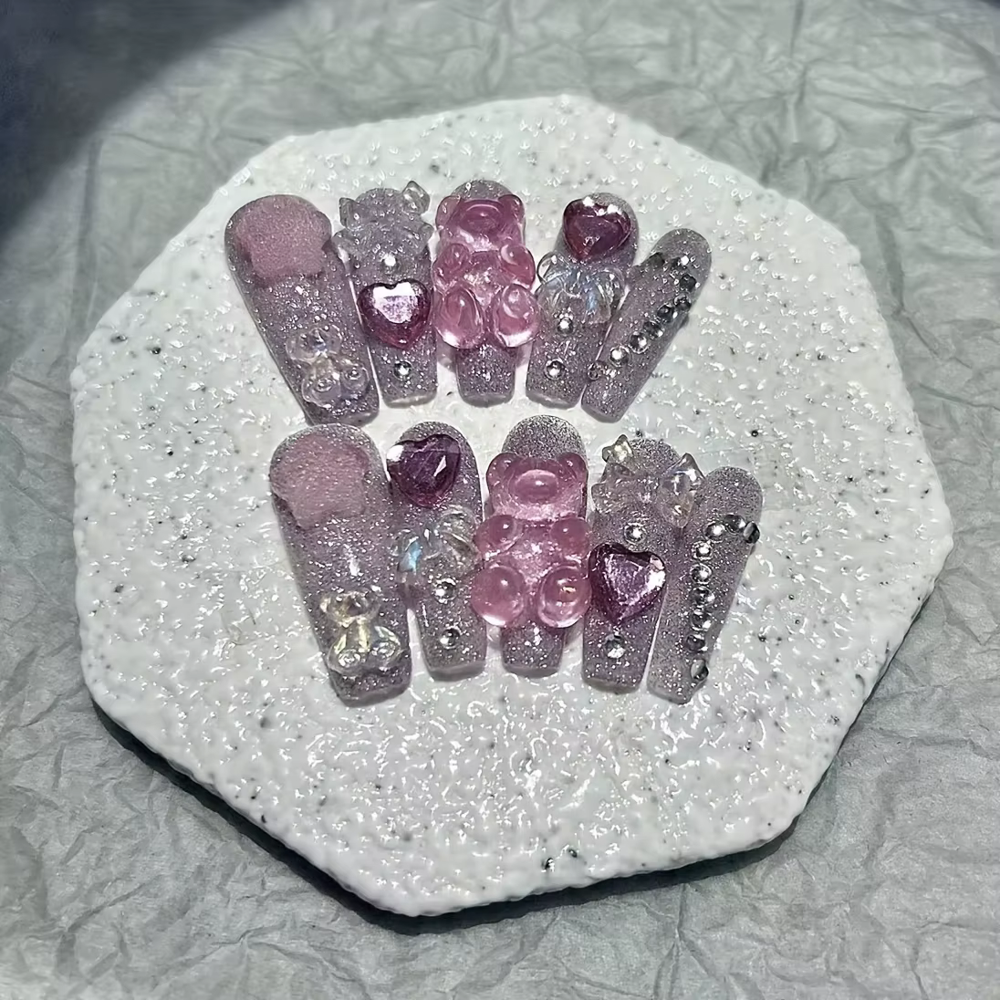 Dessin animé mignon rose Smoothie Nail Art arc ours étoile Bling faux ongles