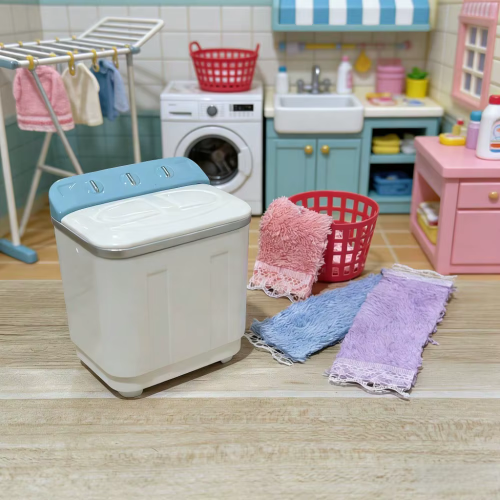 Accessoires de scène de buanderie miniature 1:12, mini machine à laver, serviettes, panier à linge, modèle