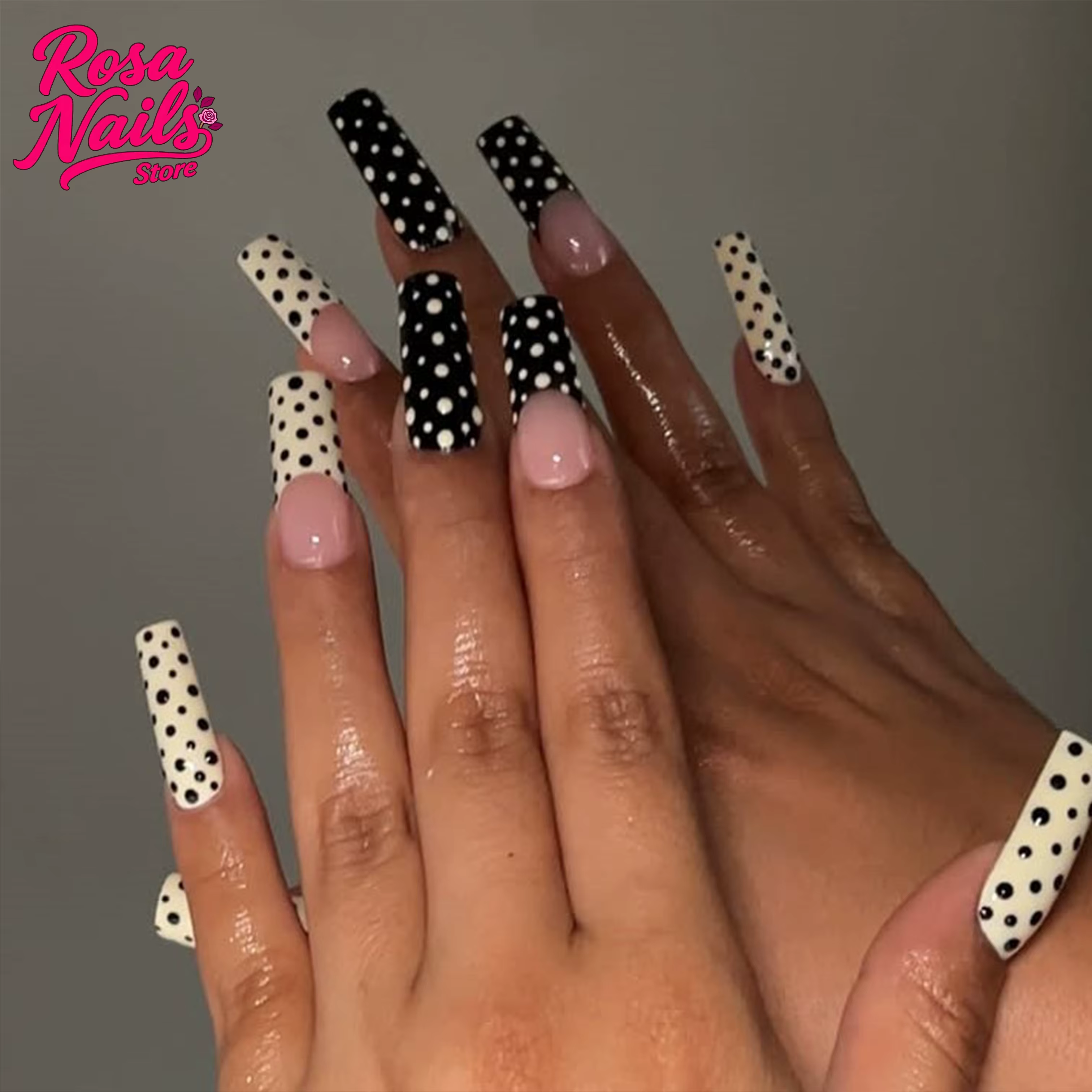 Noir blanc à pois presse sur ongles en acrylique à la main Presson
