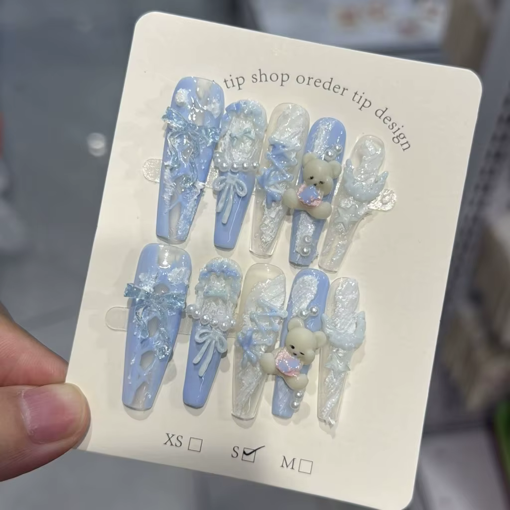 10 Pièces Faux Ongles à Presser Faits Main French Manucure en Dentelle