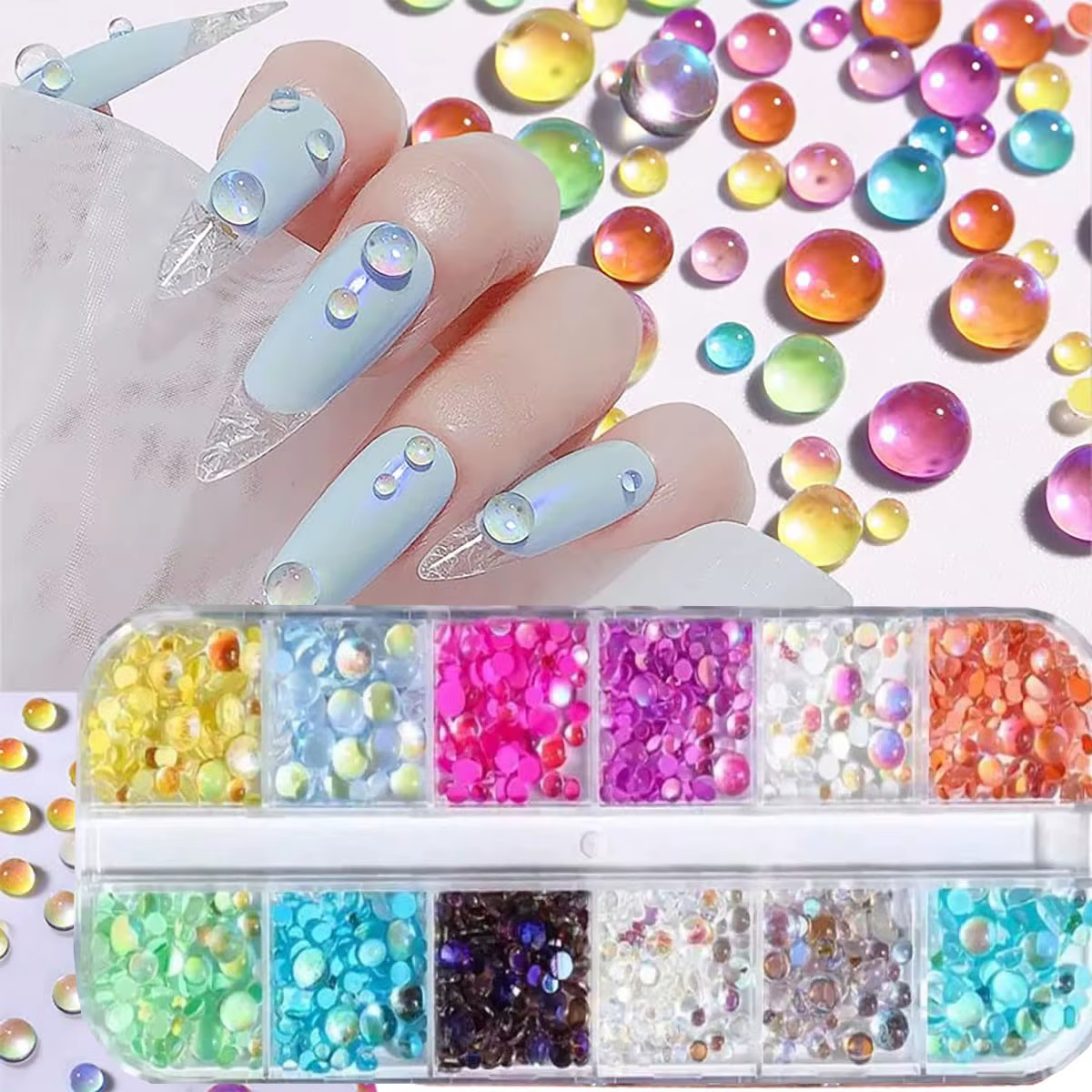 1 boîte arc-en-ciel sirène larmes Nail Art breloques Macaron bulle perles