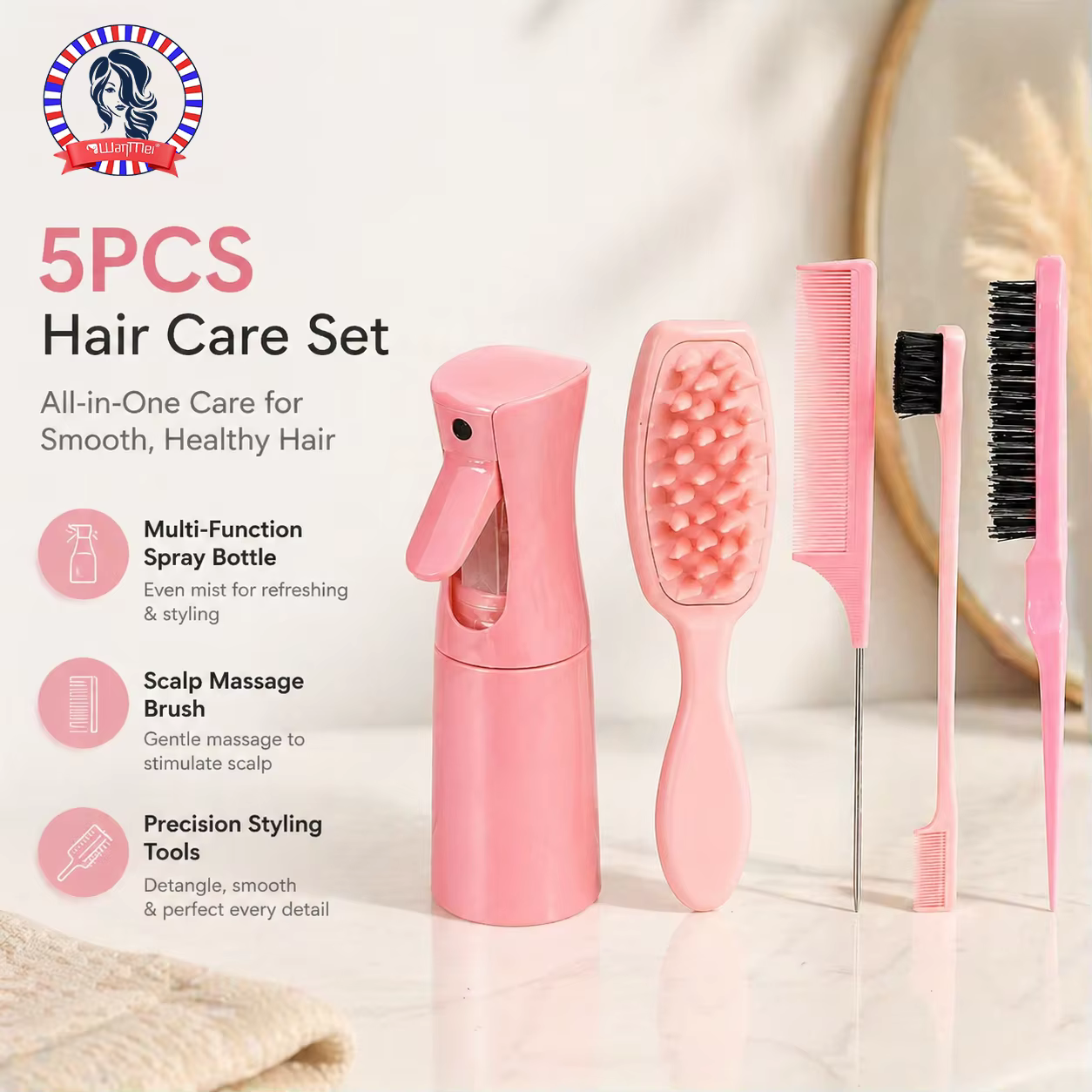 Ensemble de soins capillaires rose 5 pièces, kit de coiffage tout-en-un avec flacon pulvérisateur, brosse de massage et peignes