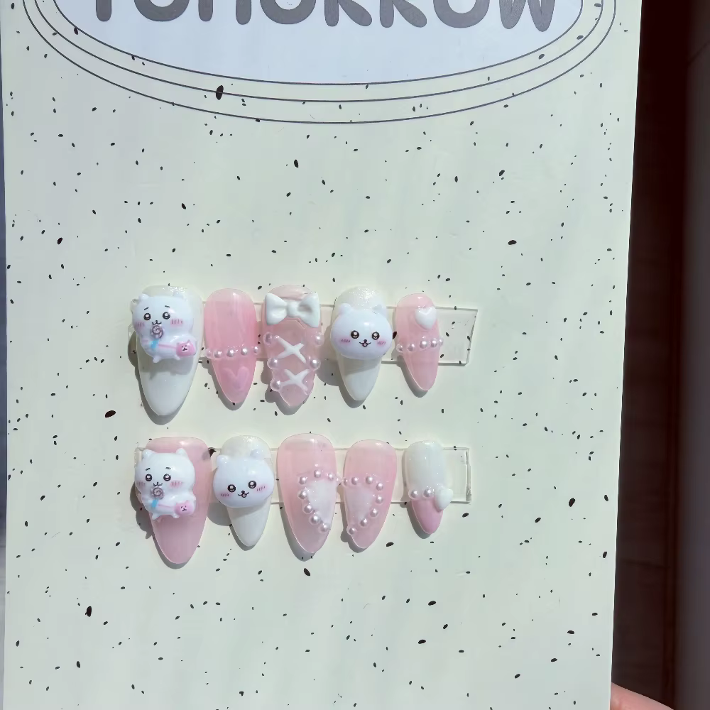 Ongles press-on Chiikawa, mignons, 3D, dessin animé, faux ongles rose et blanc, kawaii, nail art pour filles, cadeau