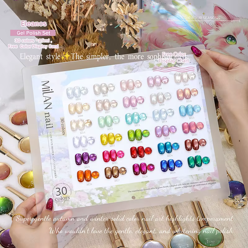 Eleanos HighEnd – Kit de vernis gel magnétique œil de chat 30 pièces 15 ml avec nuancier et différents flacons décorés