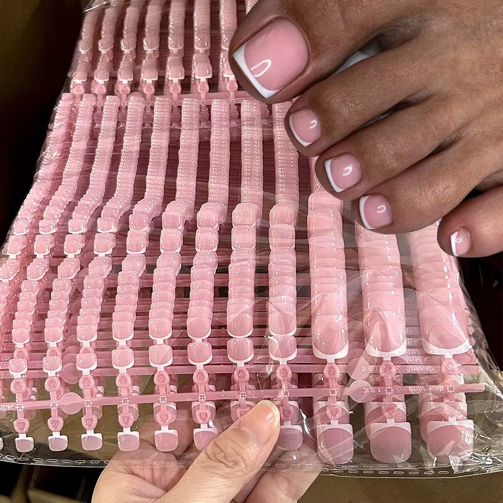 1 sachet de faux ongles de pieds carrés blancs et roses style français
