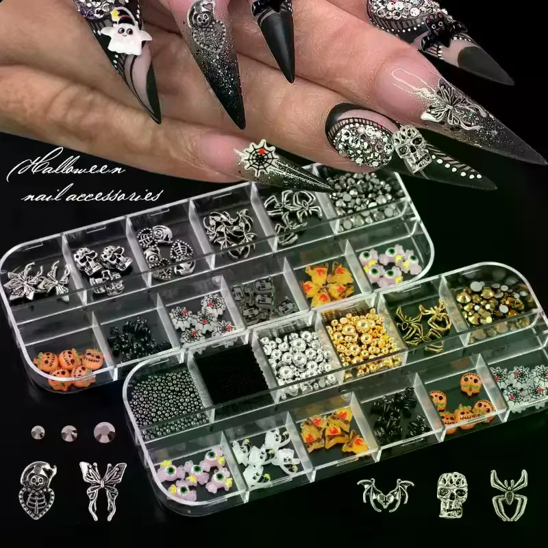 12 grilles série Halloween Nail Art bijoux dessin animé fantôme citrouille araignée chauve-souris breloques pour ongles