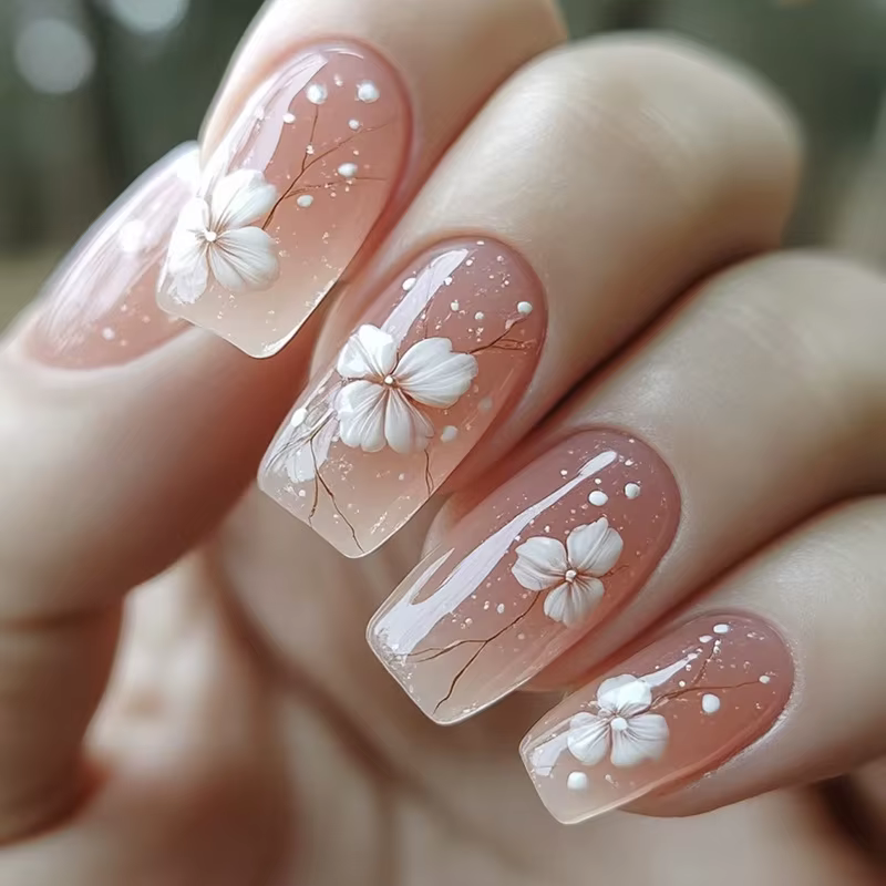 24 pièces/ensemble faux ongles mi-longs fleurs de dragon jaunes conception de plumes pour le printemps été pointes