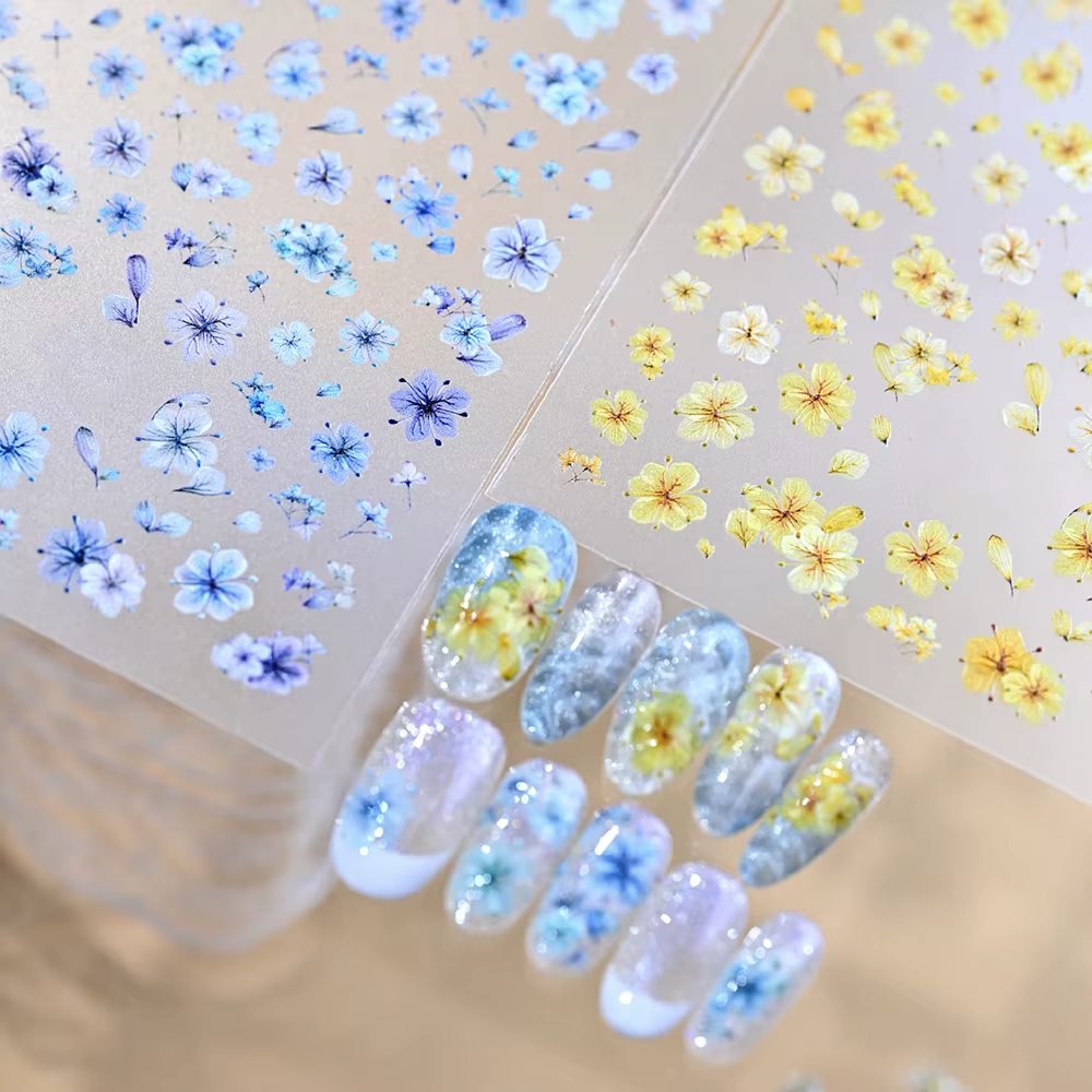 Autocollants 5D pour ongles à fleurs séchées colorées Rose/Bleu/Violet/Vert/Jaune – Décorations florales mignonnes pour manucure printanière
