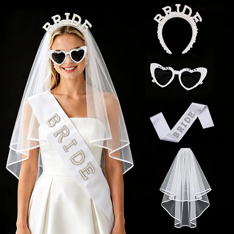 Ensemble d'accessoires pour future mariée avec voile, ceinture et lunettes de soleil, accessoires photo pour enterrement de vie de jeune fille, fête prénuptiale, fiançailles, plage, lune de miel