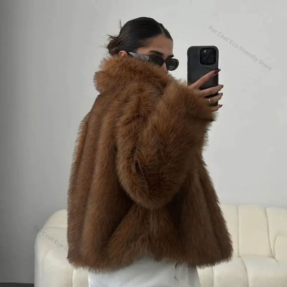 Manteau en fausse fourrure pour femme, manches longues, fourrure artificielle, manteau en fourrure moelleuse, manteau court éco-responsable pour femme, fermeture à boutons-pression sur le devant, vête