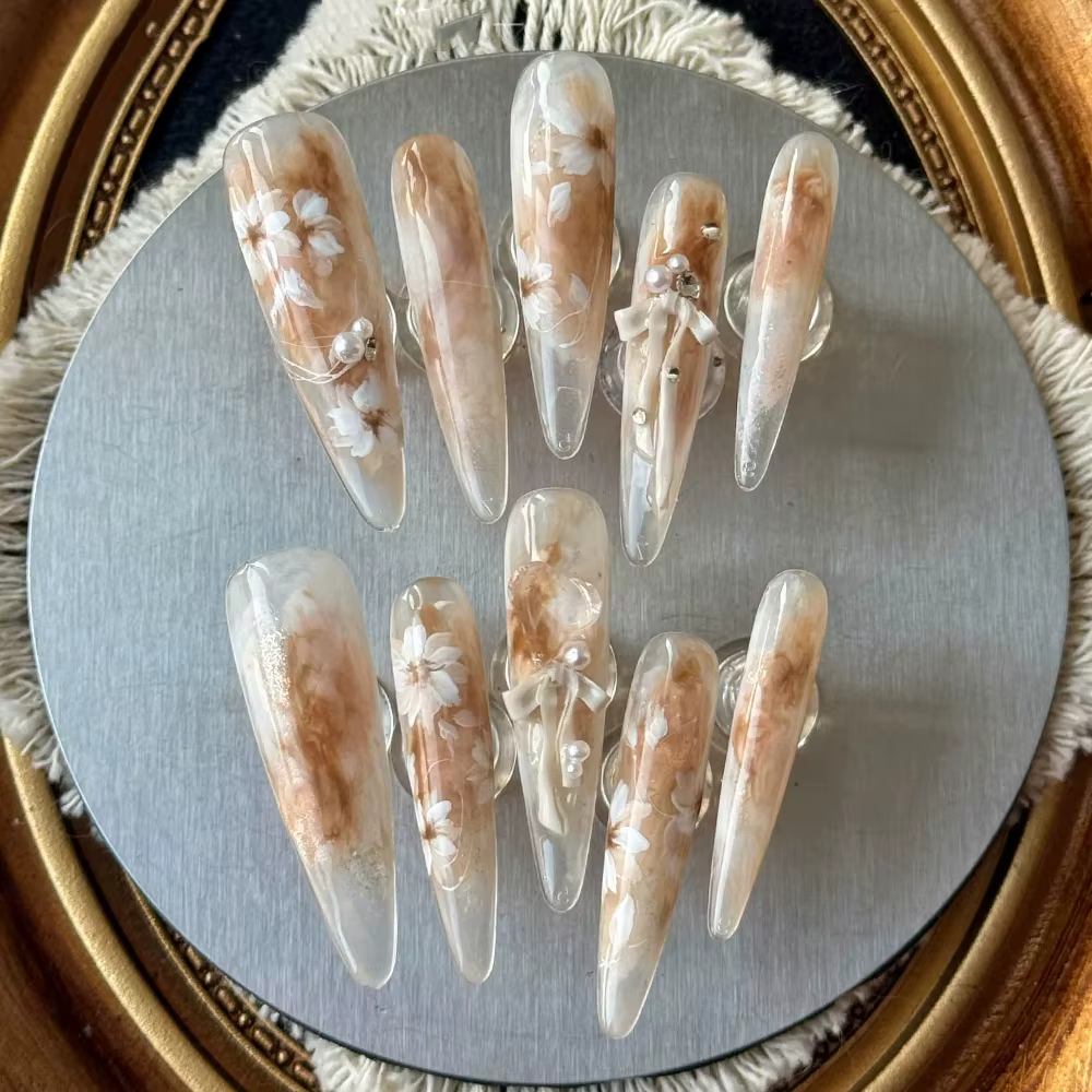10 pièces haut de gamme fait à la main longue cercueil Ellipse portable couverture complète ongles fleur nœud papillon