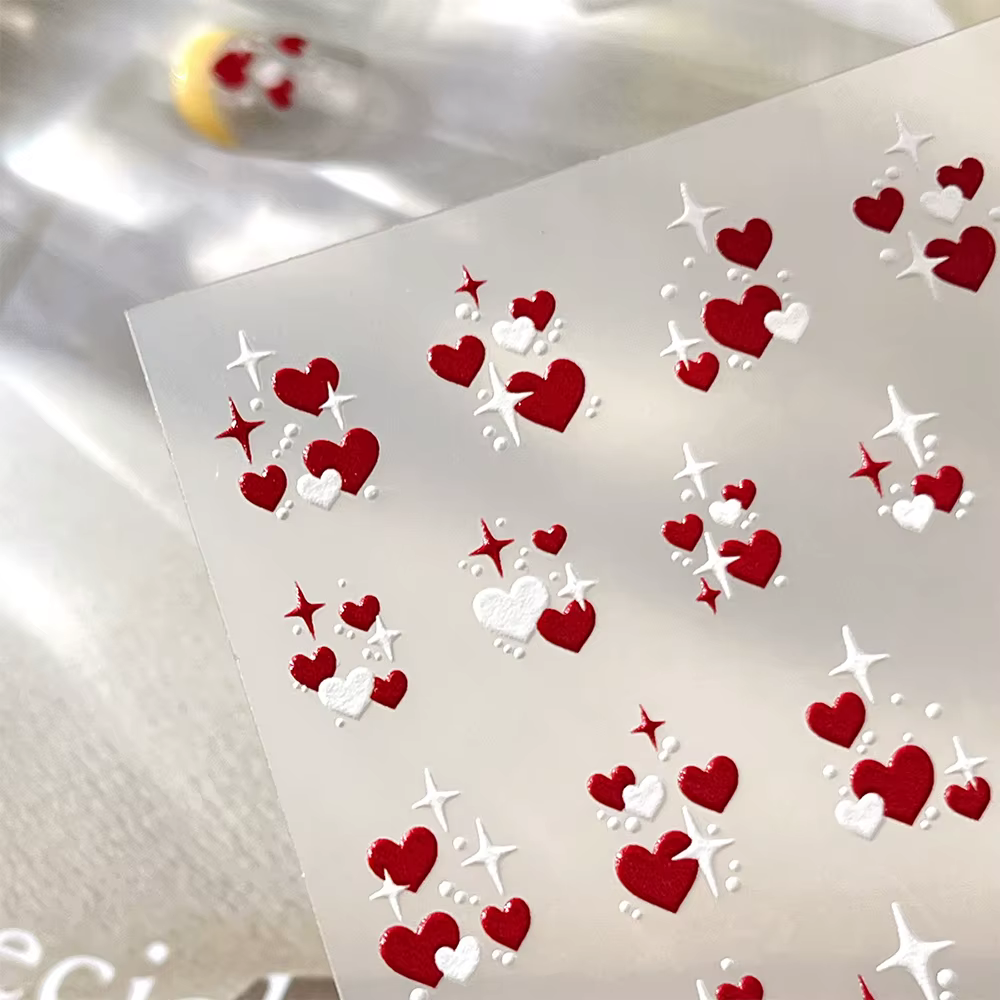 3D saint valentin amour coeur Nail Art autocollant rouge blanc croix étoiles auto-adhésif ongles décalcomanies 8*10 cm