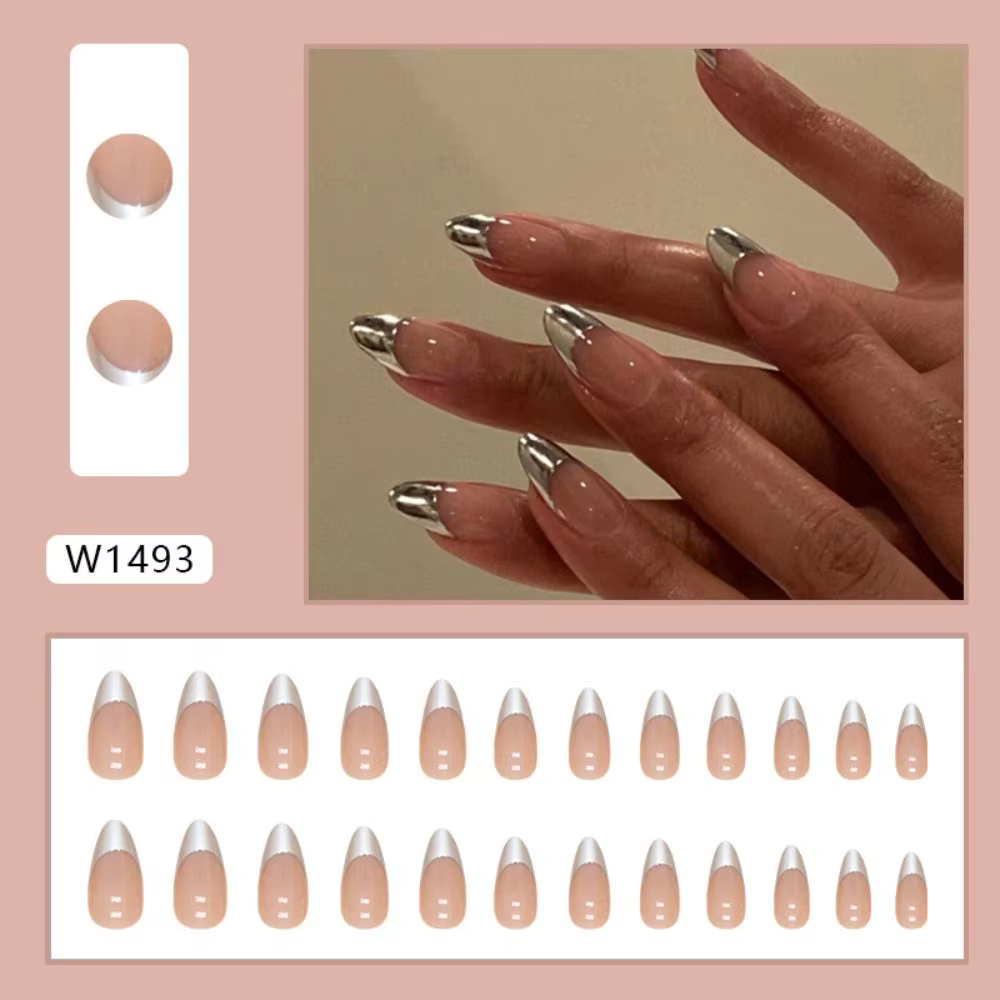 Manucure longue amande faux ongles français élégant presse