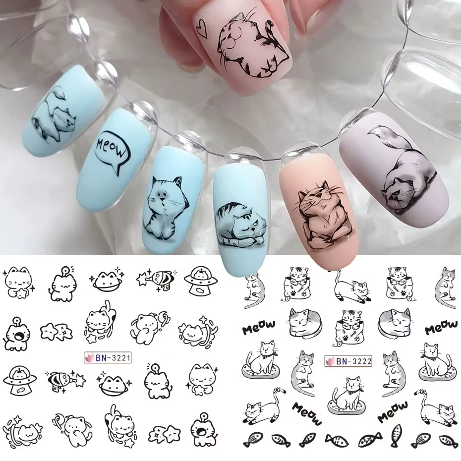 Autocollants à l'eau pour ongles chat noir