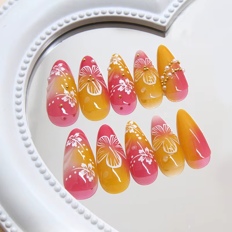 24 pièces or rose fleur presse sur ongles brillant amande automne portable faux