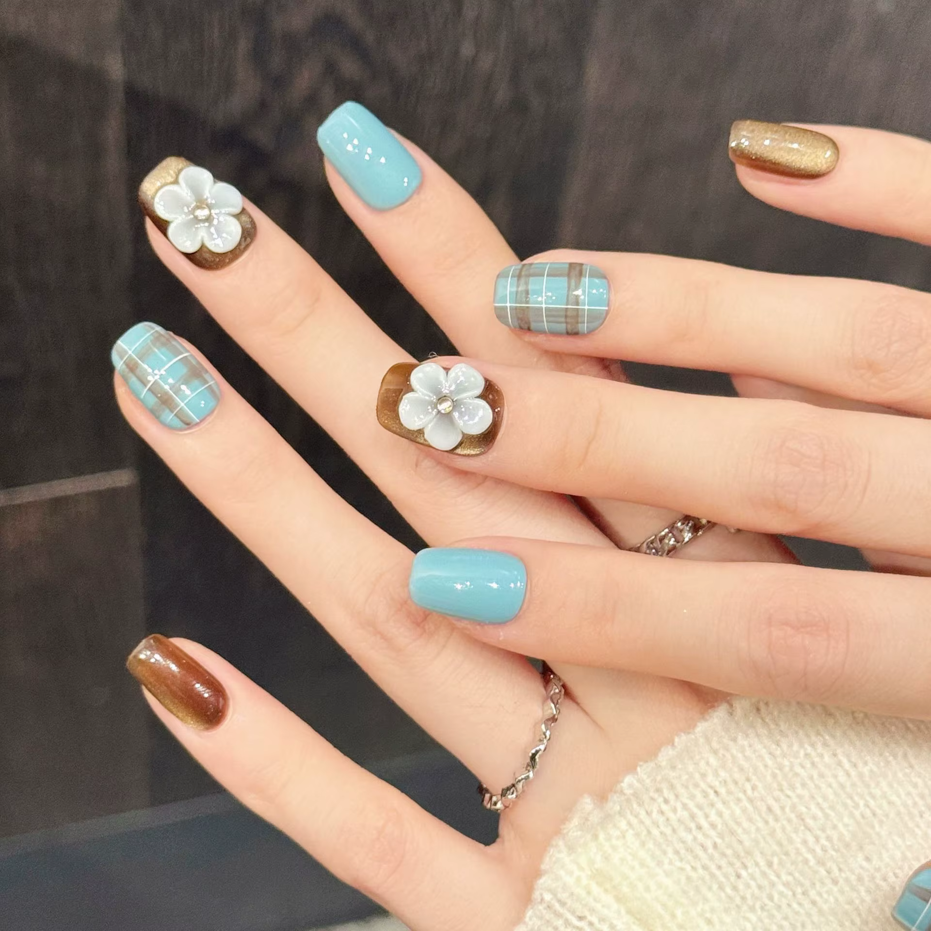 10 pièces velours oeil de chat à la main presse sur ongles 3D fleur faux