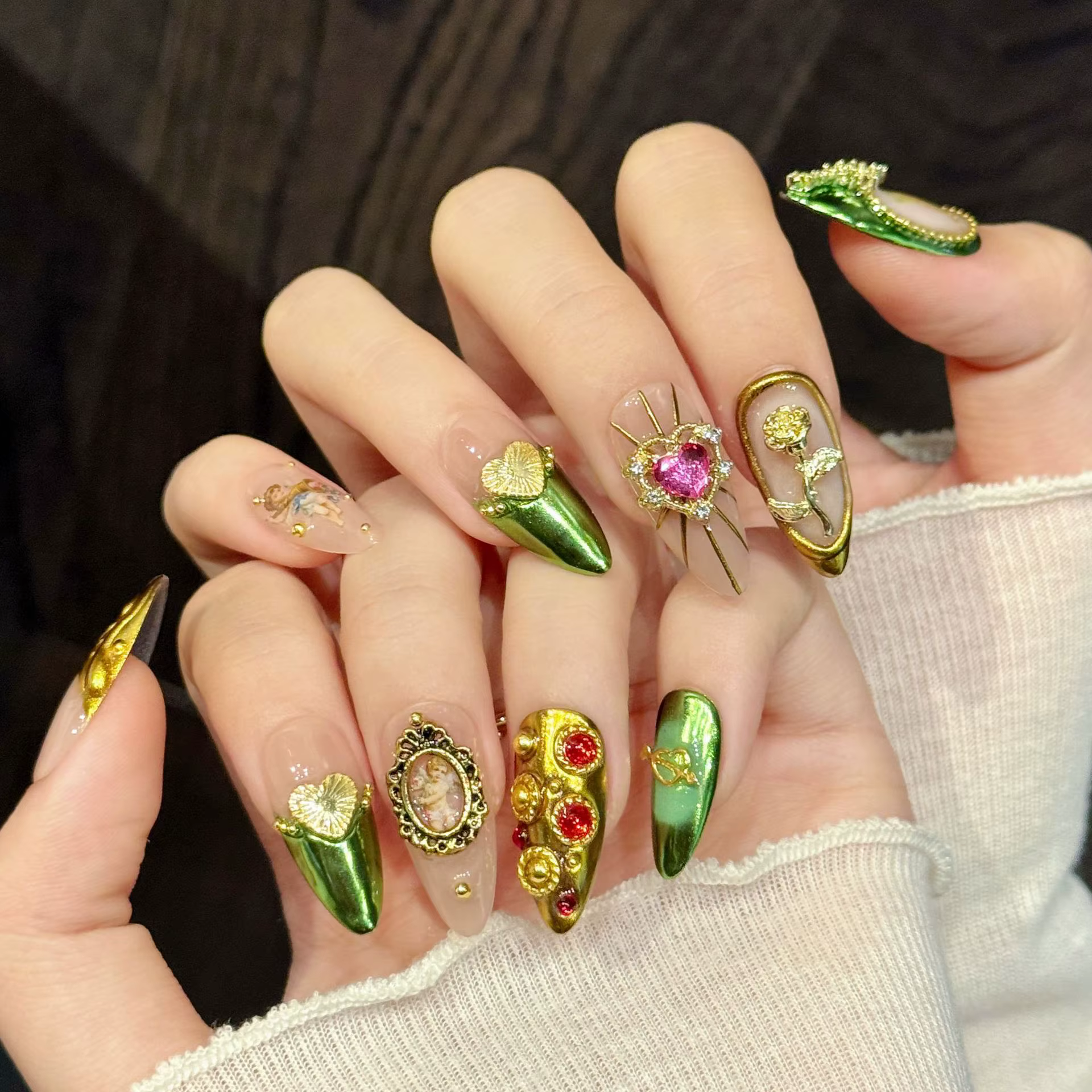 10 pièces rétro Court Style fait à la main faux ongles amour coeur miroir Rose décor presse