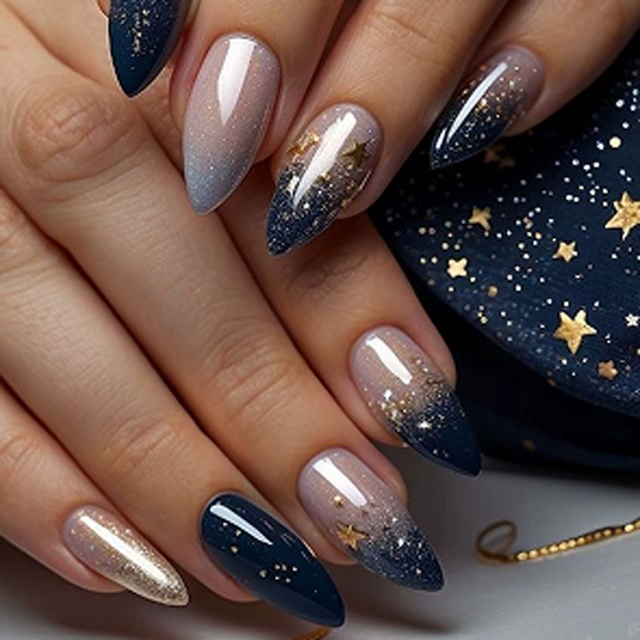 24 pièces brillant bleu foncé ciel étoilé presse sur ongles Flash or