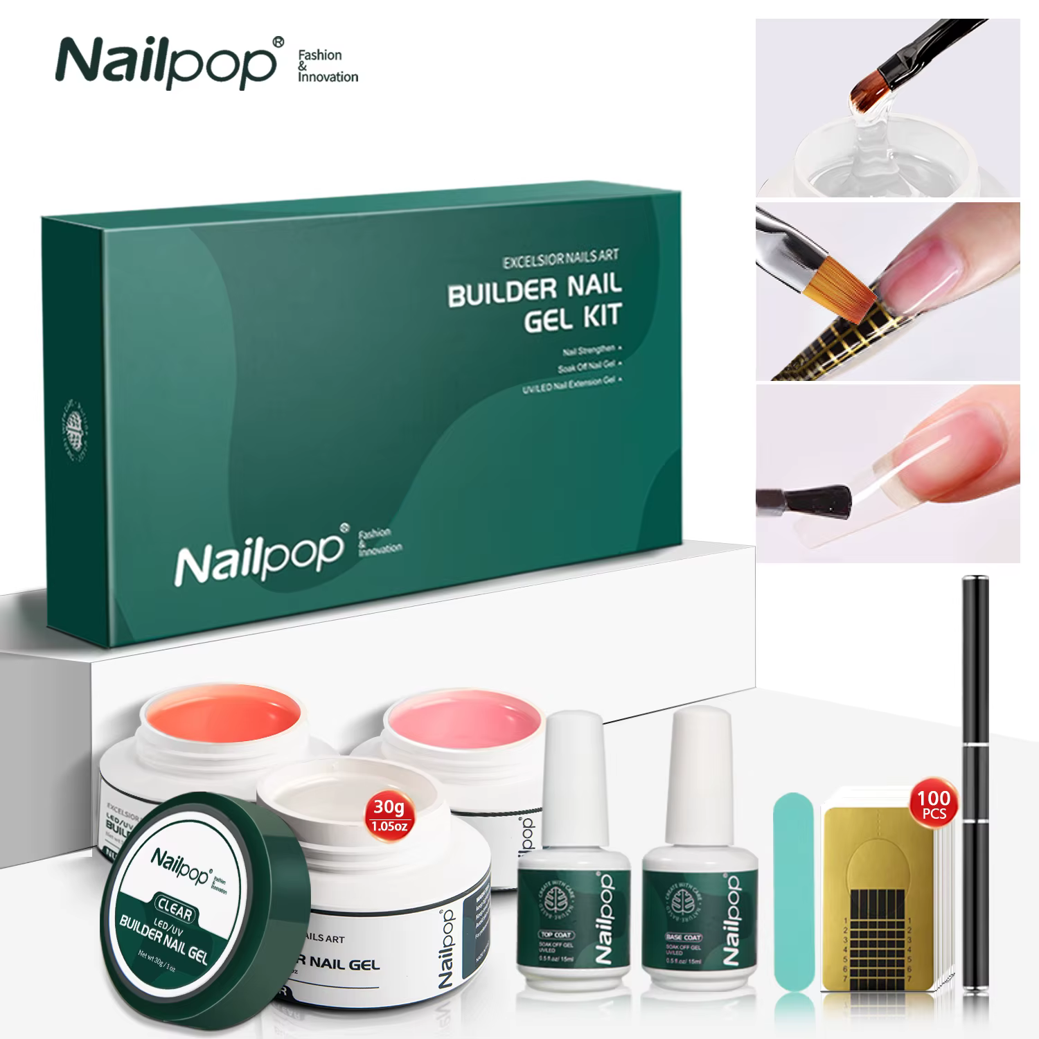 NAILPOP constructeur ongles Gel ensemble 3 couleurs de base Kit d'extension d'ongle clair nu rose renforcer Gel avec brosse 100 pièces formes d'ongles bricolage