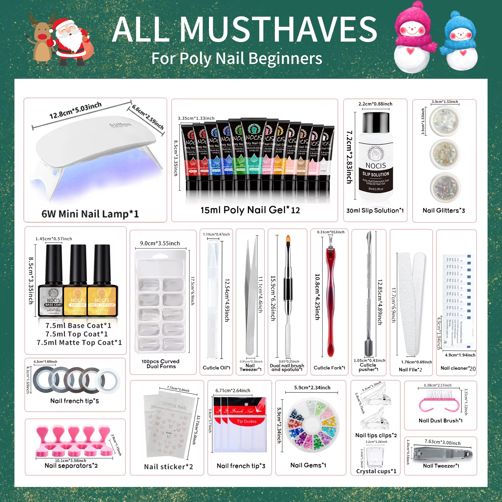 Kit de gel pour extension d'ongles -NOCIS Noël 12 couleurs Gel pour ongles Poly Gel pailleté doré