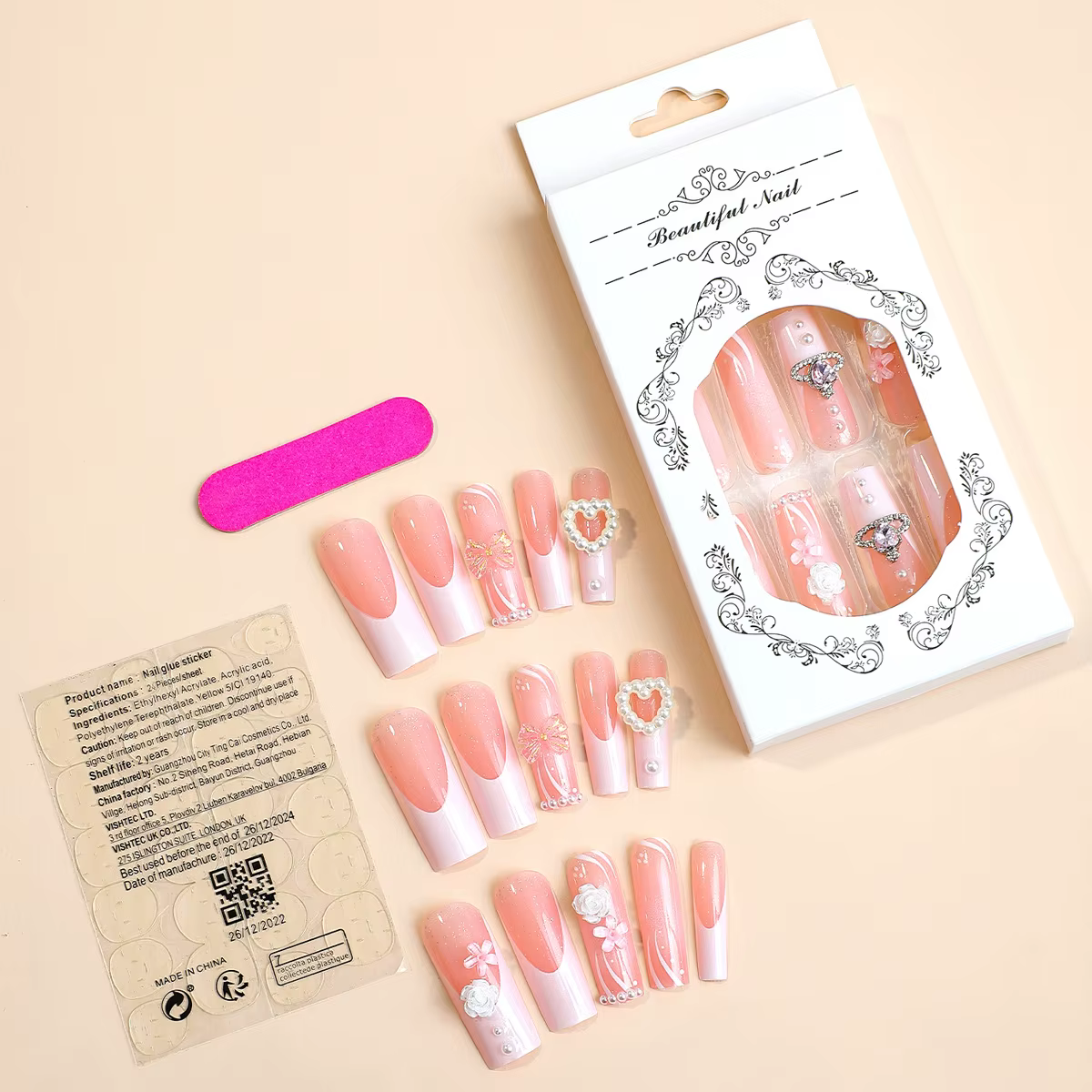 24 pièces une boîte Style européen et américain étendu portant tuyau d'eau français perceuse à ongles papillon perle