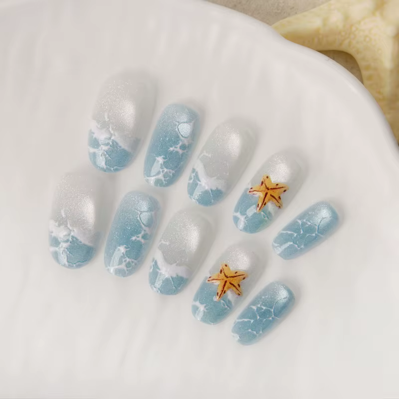 10 pièces 【Ocean Love】 Faux ongles à presser effet œil de chat