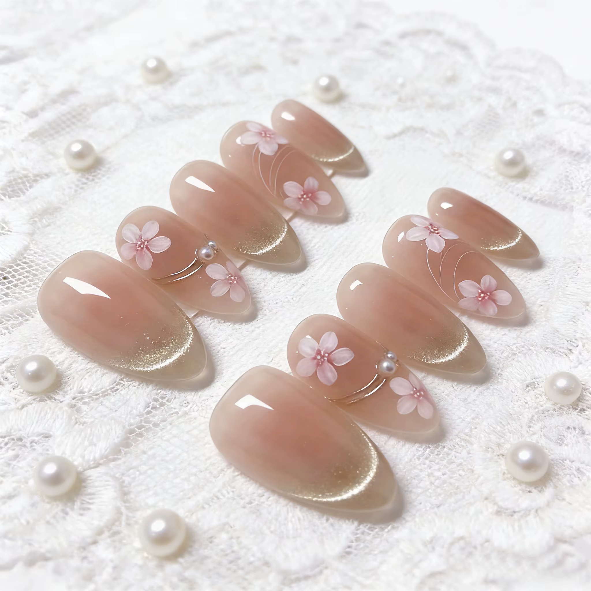 10 faux ongles Sakura faits à la main