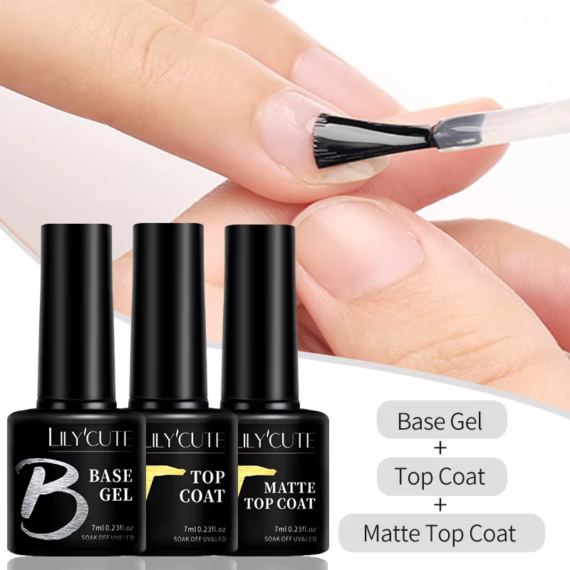 LILYCUTE 7ml Base Nowipe Top Coat Soak Off UV LED Gel Vernis à Ongles Gel de Renforcement Semi-Permanent Multifonctionnel