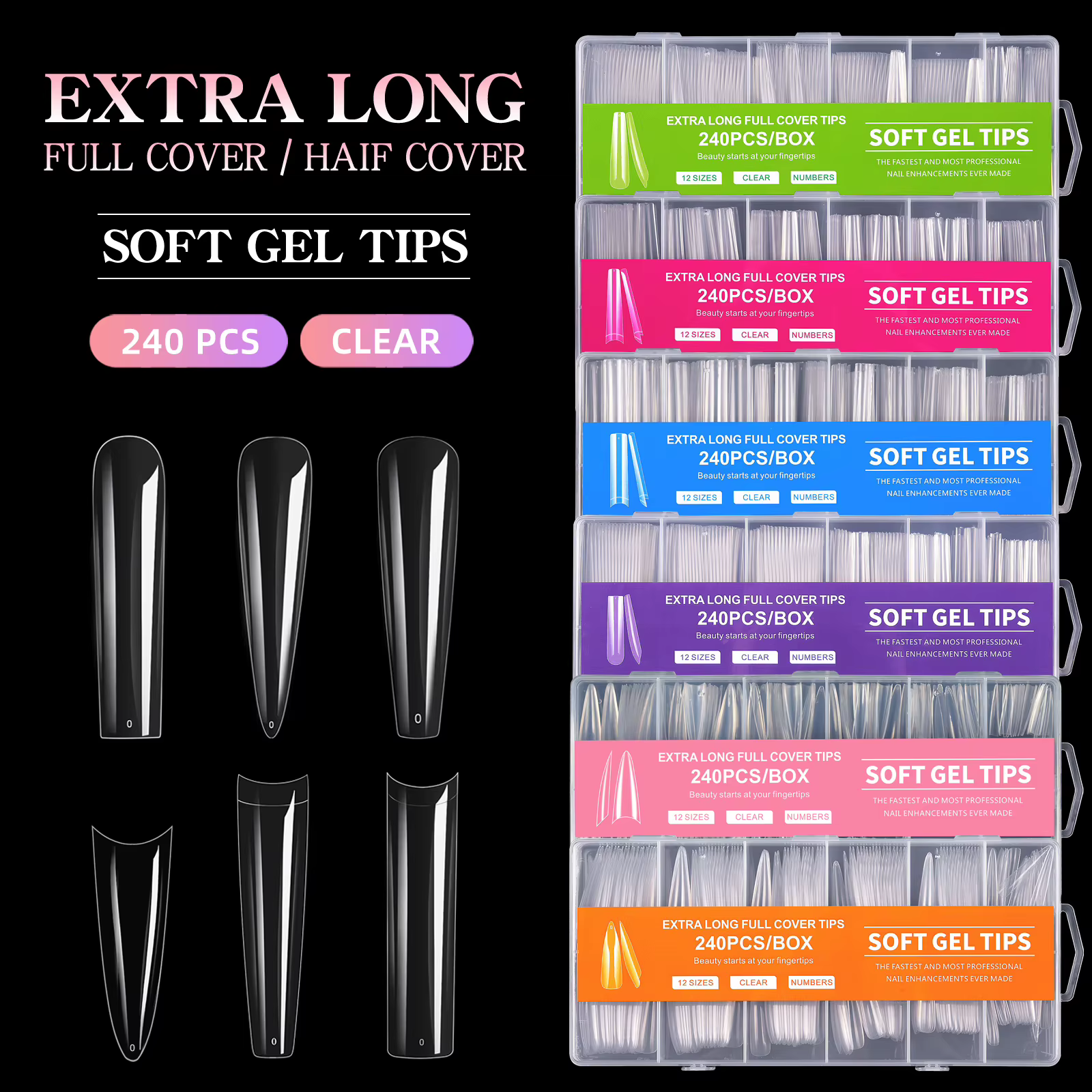 Embouts d'ongles de cercueil extra longs sans courbe C 240 pièces XXXL ongles