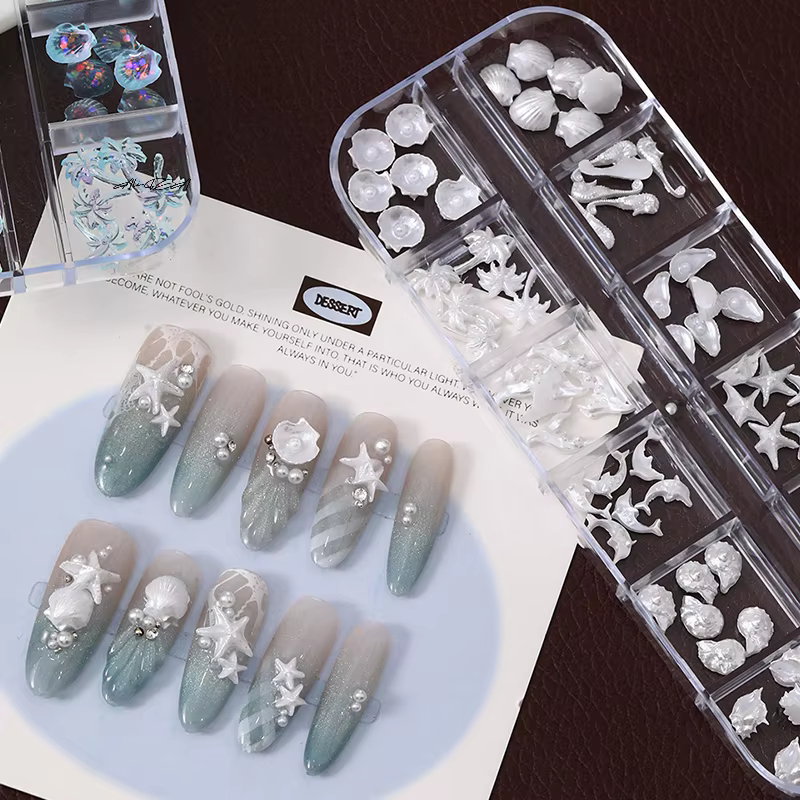 12 grilles/boîte 3D Nail Art breloques aurore coquilles étoile de mer queue de sirène accessoire pour rêveur océanique manucure Look