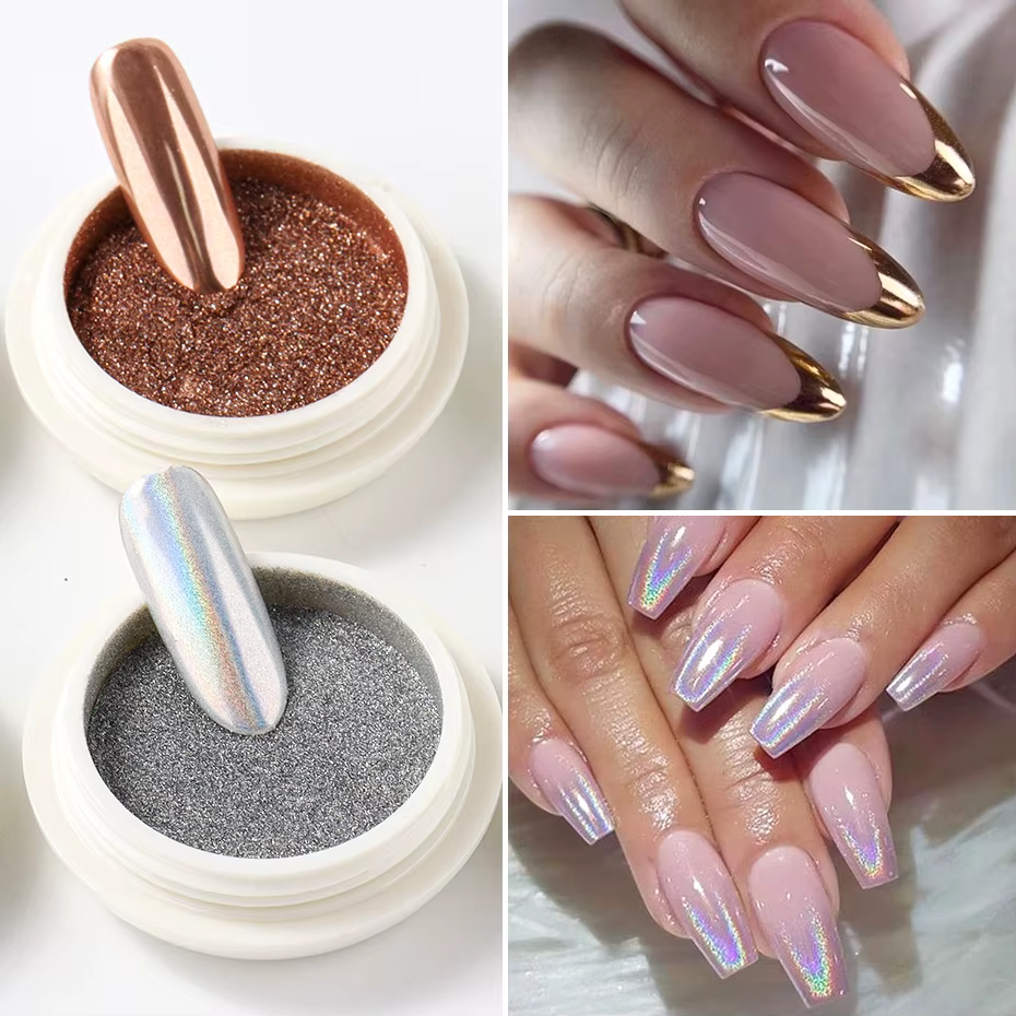6 pièces de poudre à ongles chromée effet miroir blanc