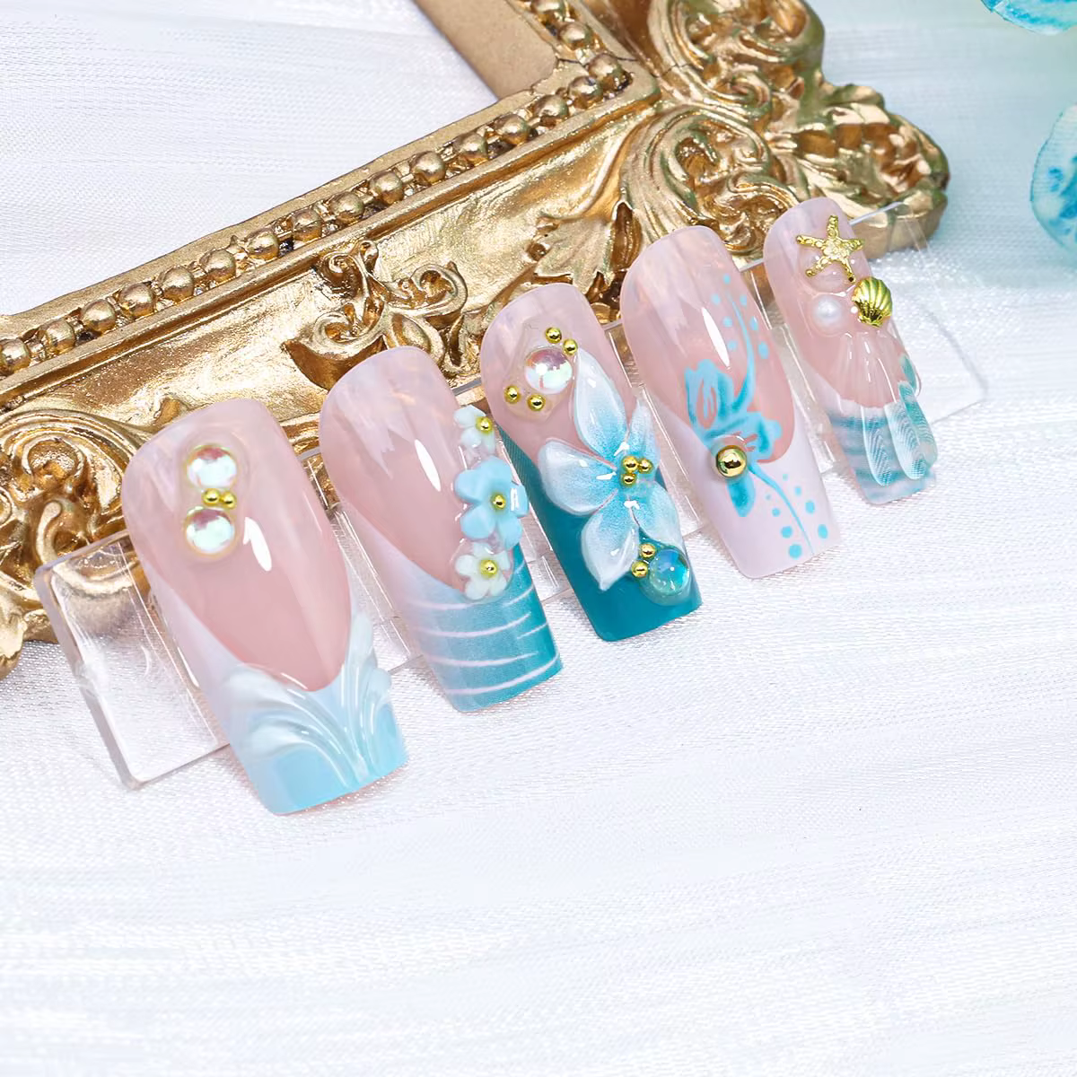 Faux ongles français à pression carrés moyens fleur 3D étoile de mer strass Design de pierres précieuses mignons printemps et été
