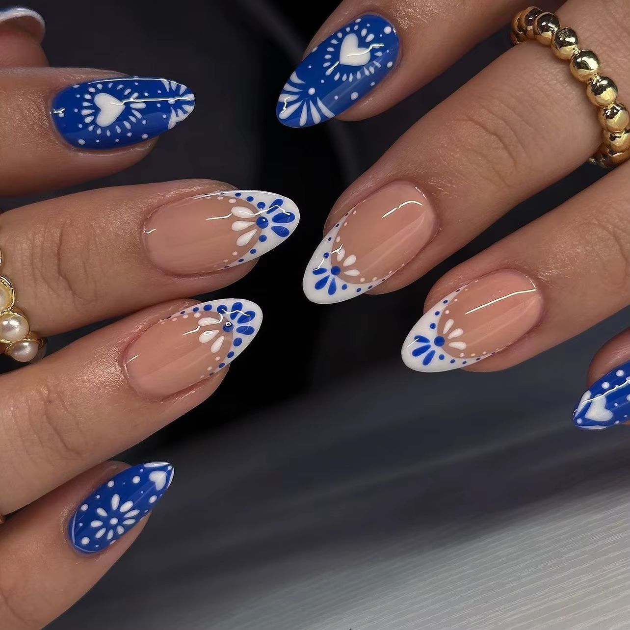 Style bohème bleu blanc amour Totems Nail Art mode français faux ongles détachable fini