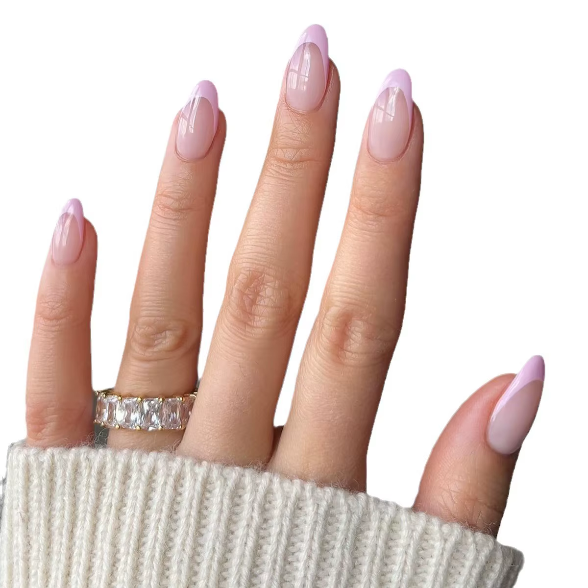 Mode femmes filles longue forme ovale français rose bordure rayures couverture complète portable faux ongles presse sur Nail Art 24 pièces/ensemble 