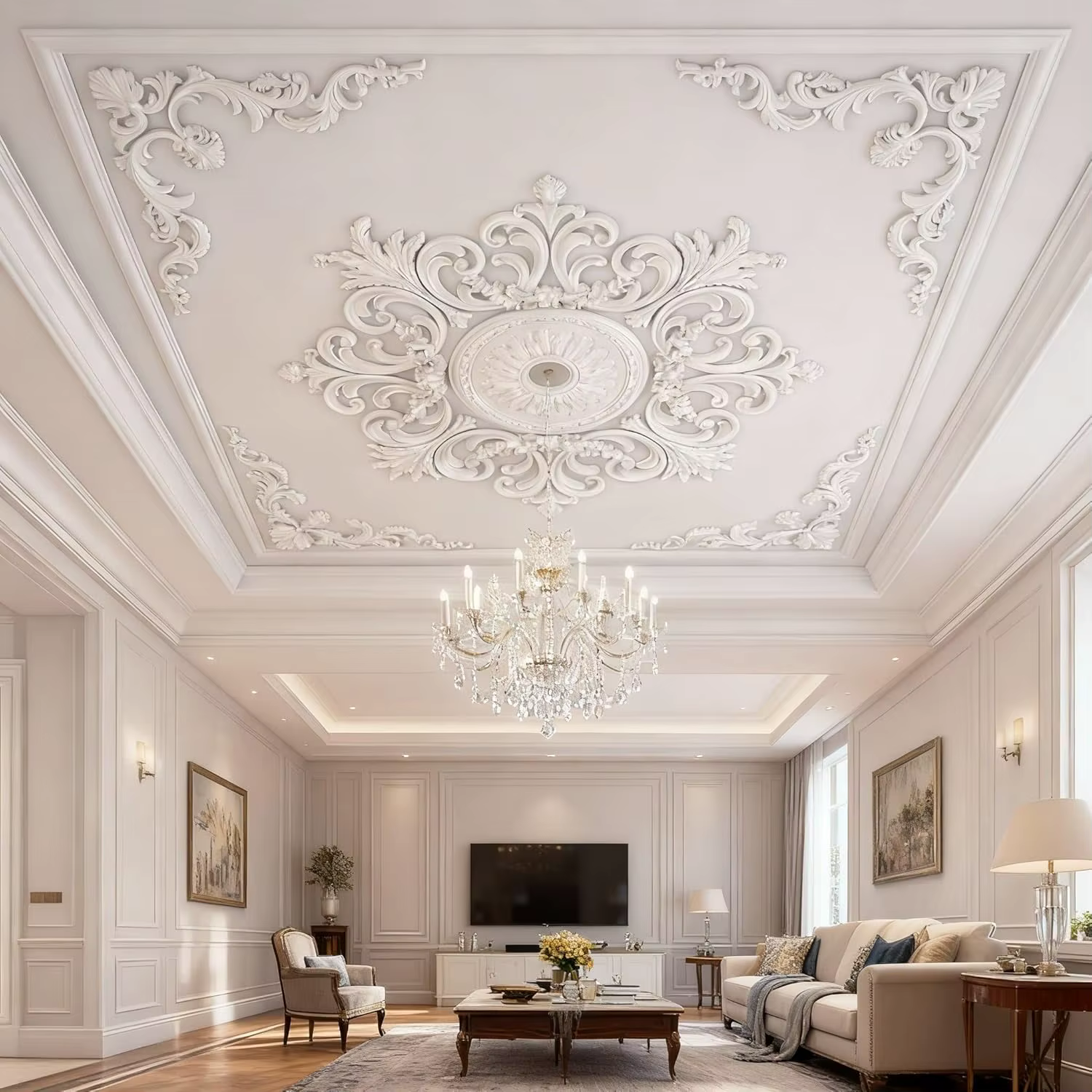 Kit de moulures de plafond en PU, décoration d'angle, garniture murale, motif floral, style français, décoration murale pour moulures de plafond, lambris
