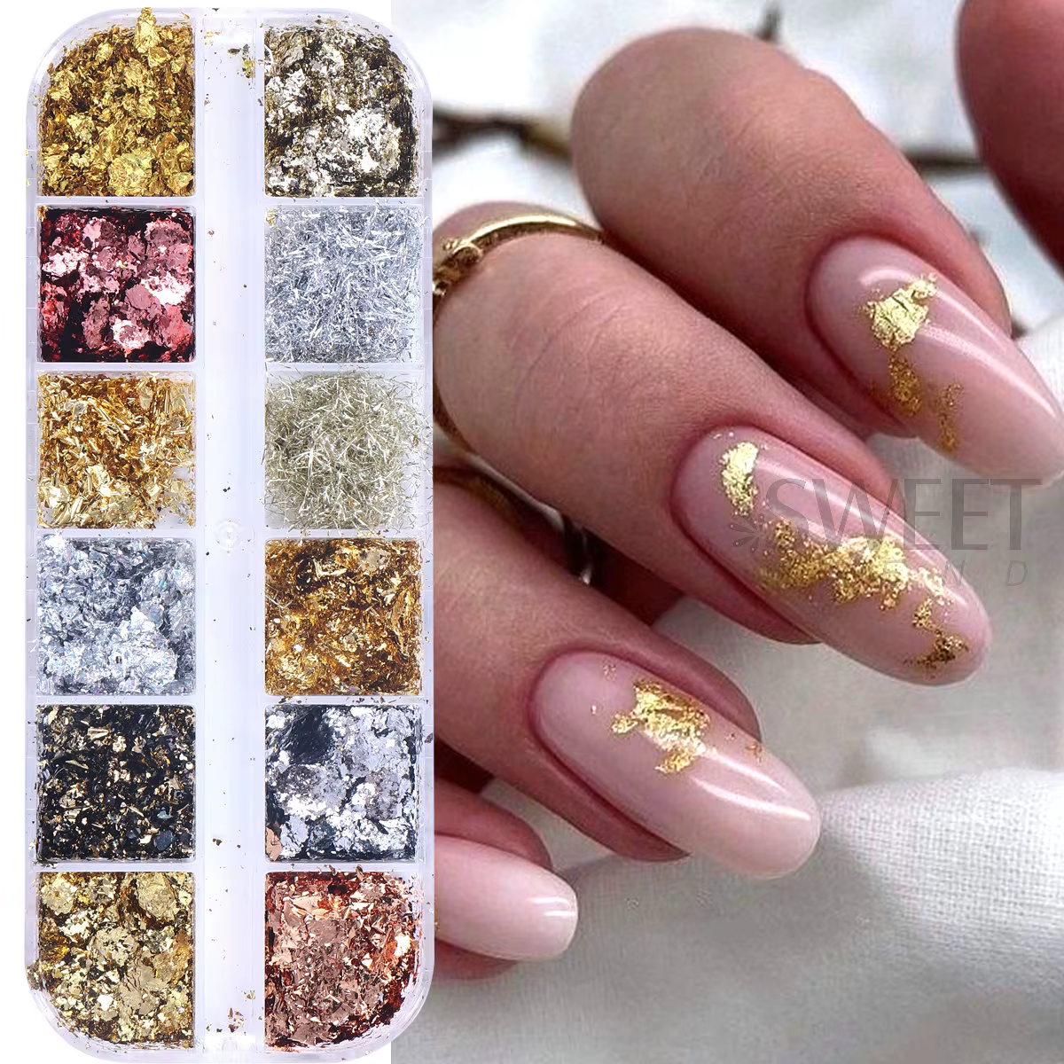 12 grilles magnifiques feuilles d'or scintillantes pour Nail Art