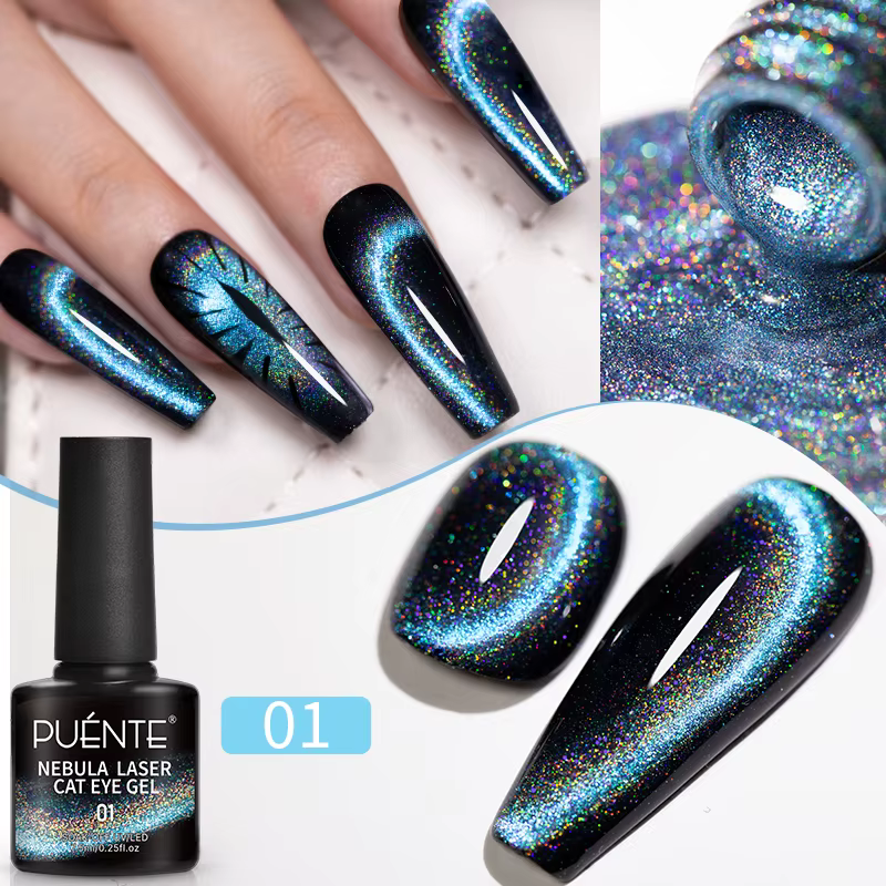 Vernis à ongles gel magnétique œil de chat holographique bleu arc-en-ciel 7