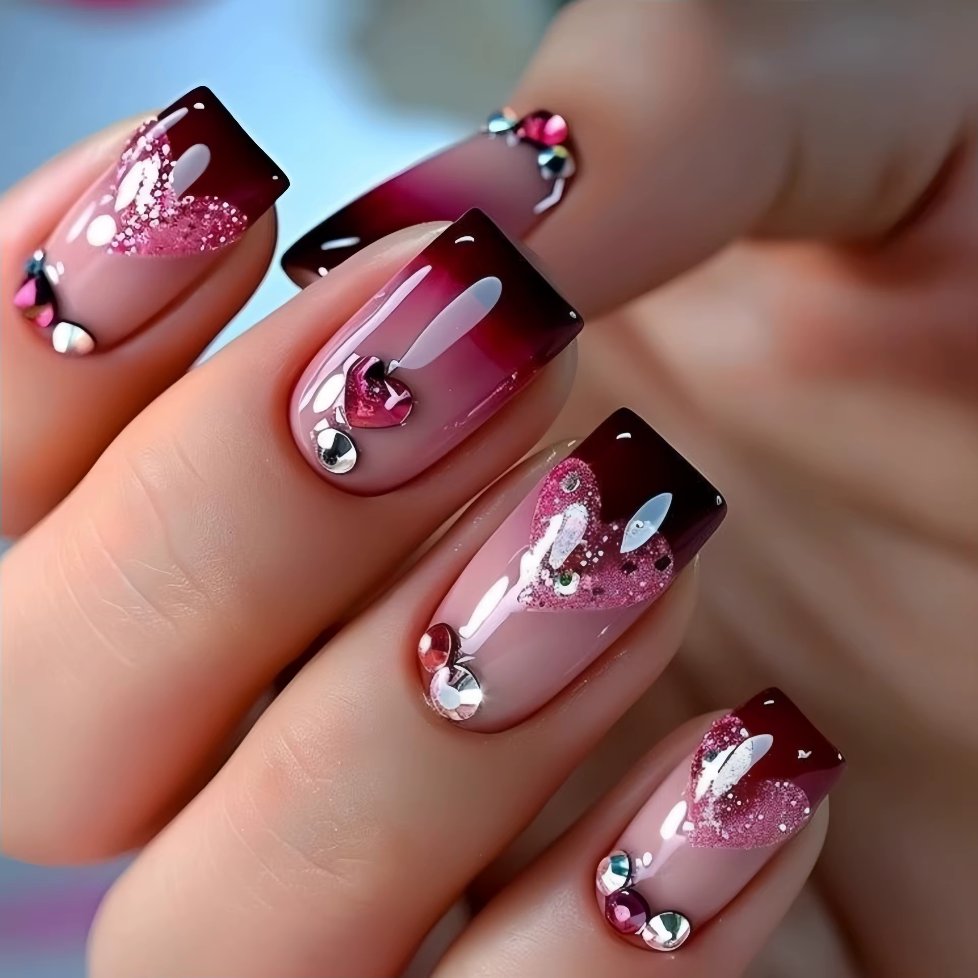 Faux ongles mi-longs avec motif de fleur en forme de cœur 3D