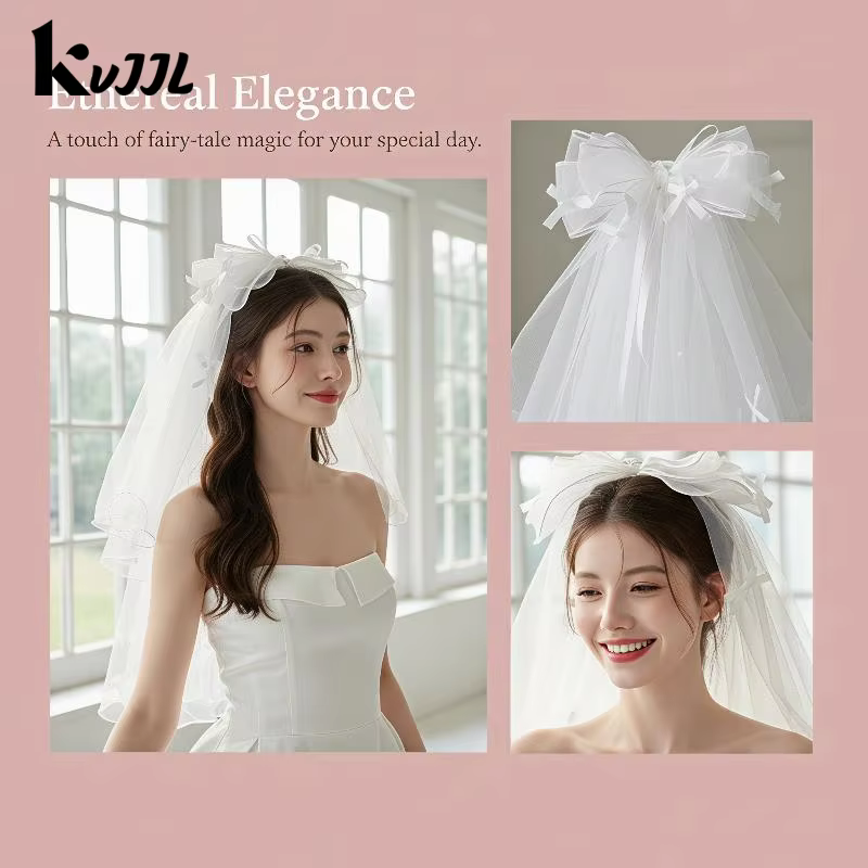 Voile de mariée court en tulle blanc avec nœud et pince à cheveux, accessoires pour enterrement de vie de jeune fille, accessoires pour séance photo