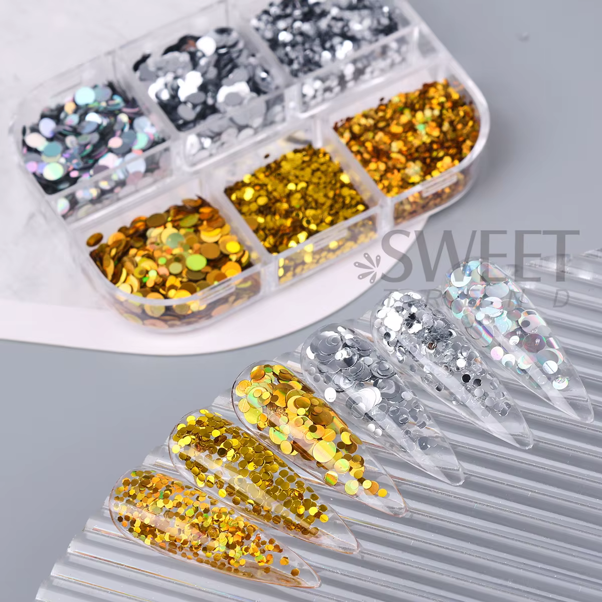 6 grilles or argent rond cercle ongles paillettes Laser miroir brillant à pois