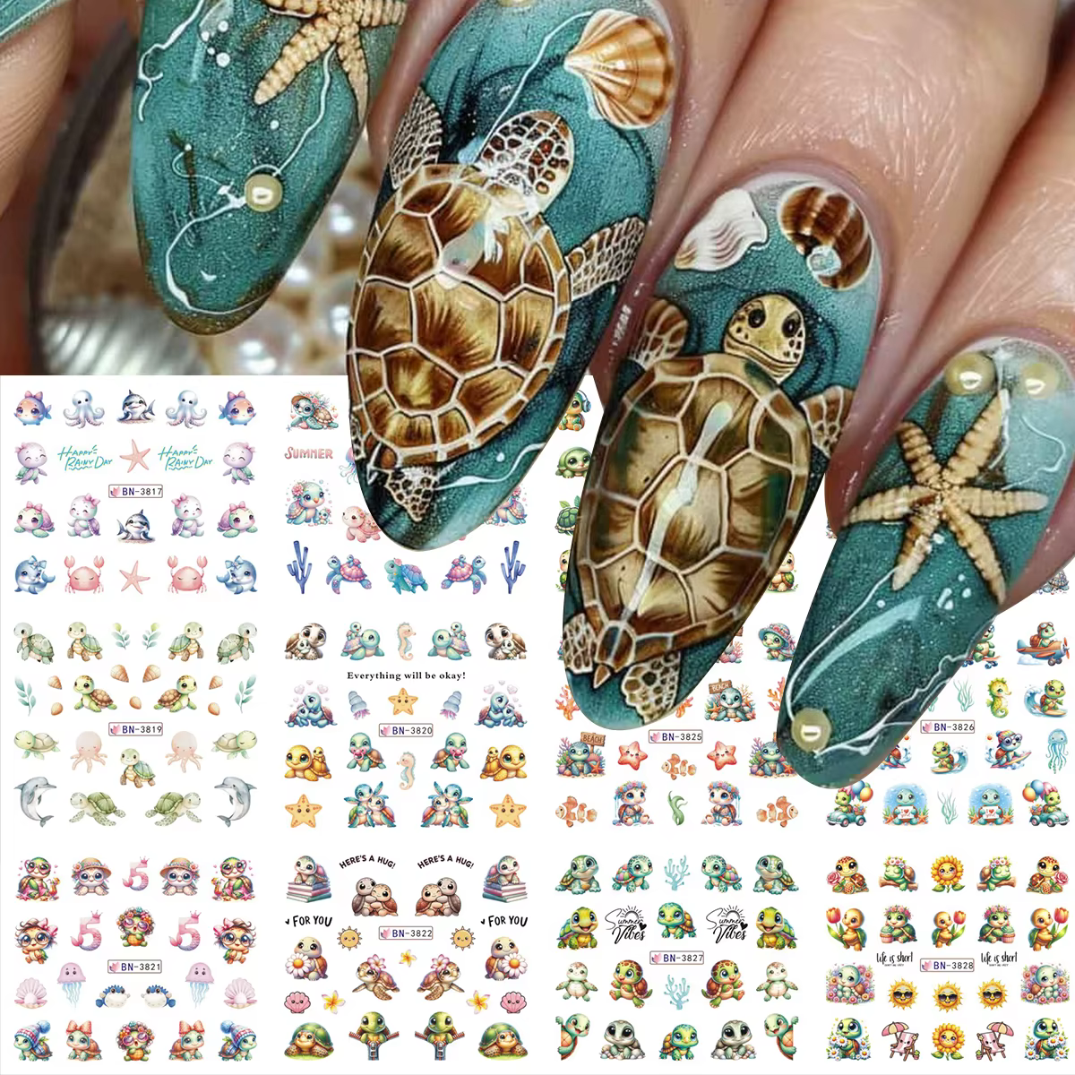 12 Motifs Adorables Tortues Marines Autocollants d'Été pour Ongles Dauphins Étoiles Thème Océan Décoration Manucure à Transfert d'Eau Breloques Coulissantes