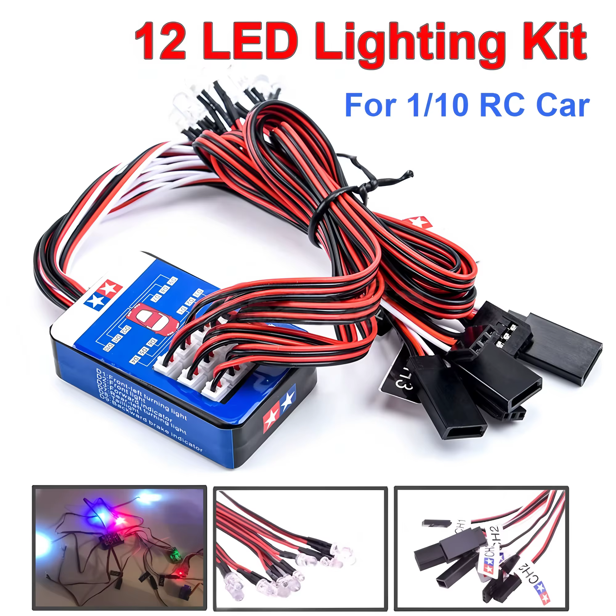 RC 12 LED Simulation d'éclairage Flash lumière contrôlable double lumières clignotantes Kit pour 1/10 RC voitures Tamiya HSP HPI RC4WD Traxxas