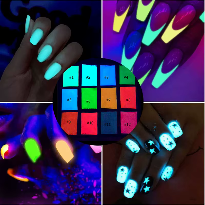 Poudre de paillettes pour ongles au phosphore lumineux néon